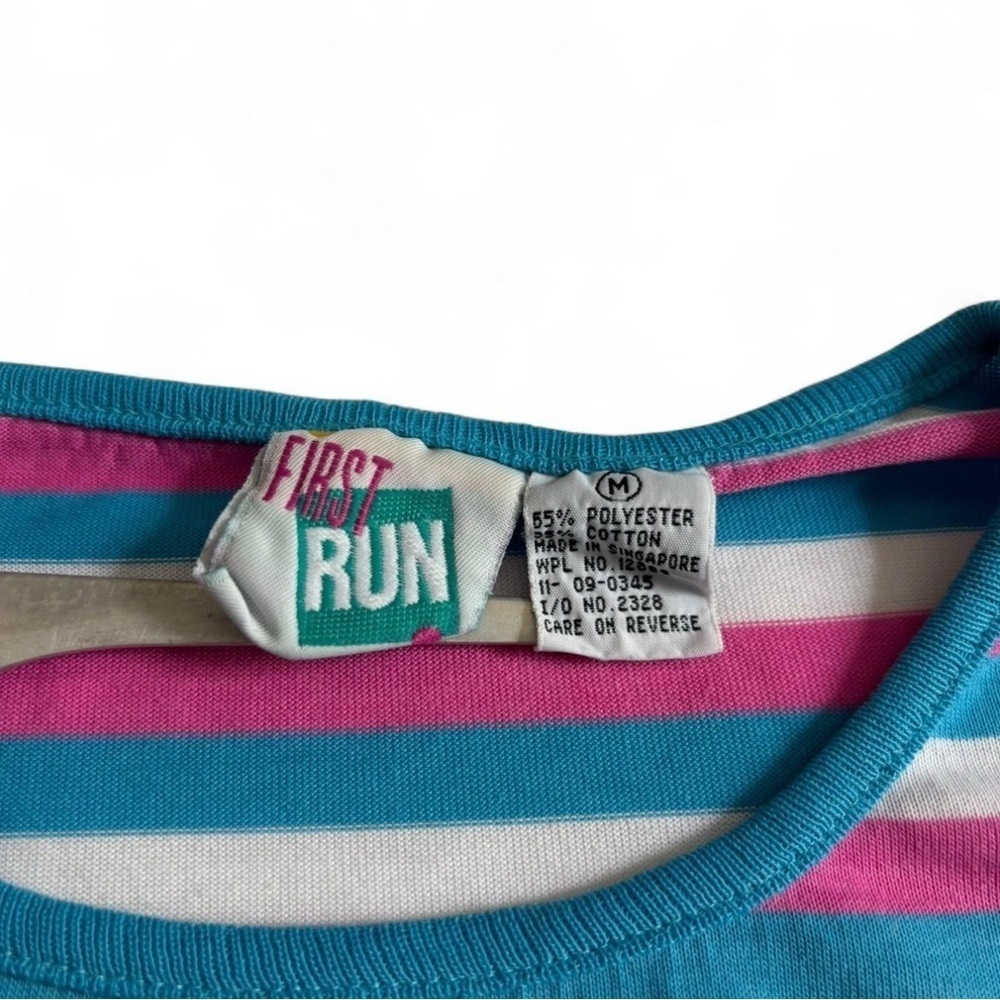 Vintage First Run Women's Medium Stripe Ring Neck T Shirt Pink Blue Boxy Fit - Picture 4 of 4